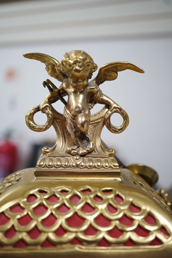 A 19th century French ormolu clock, striking on a bell, 34cm high. Condition - good